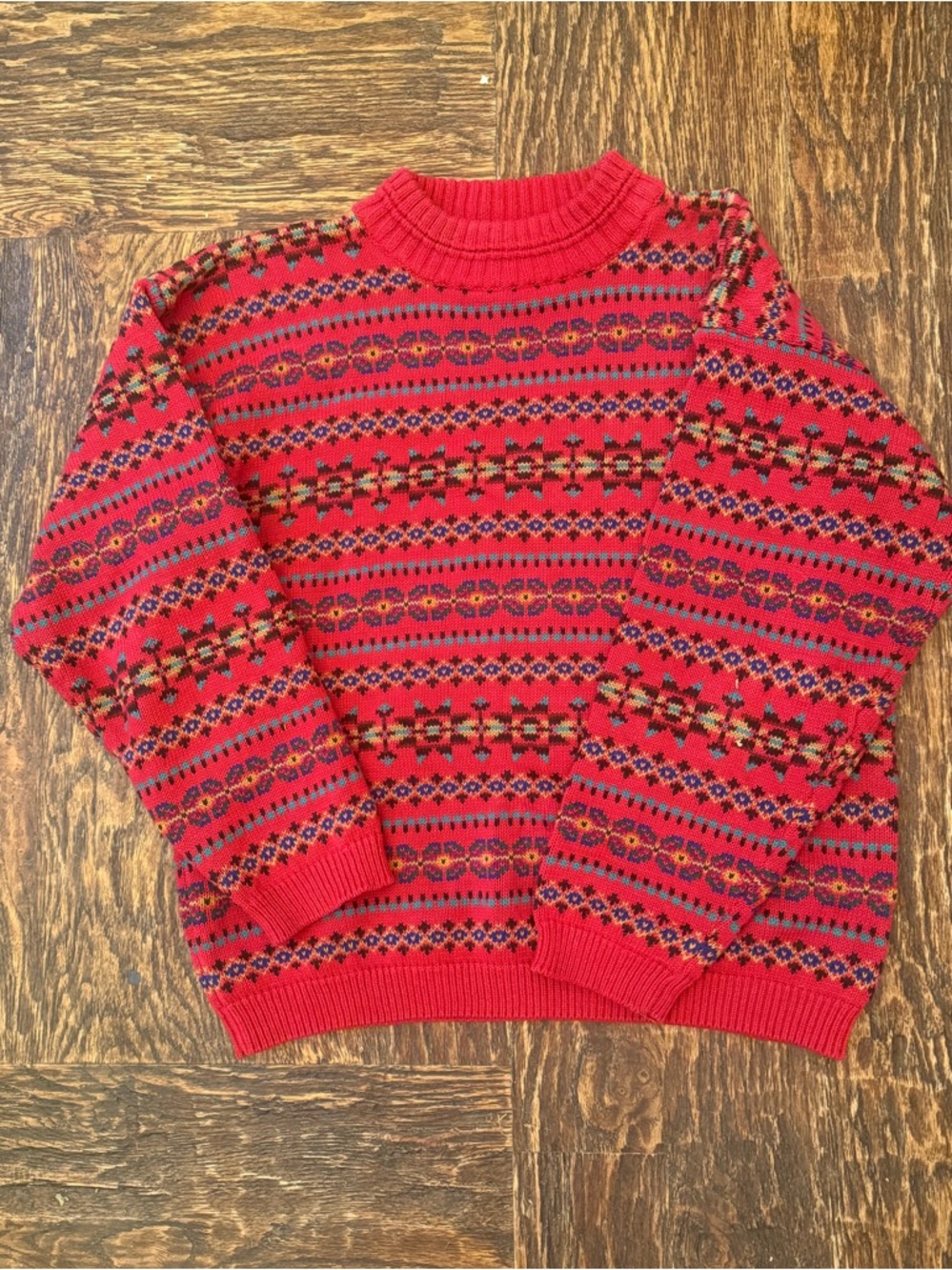 Vintage Eddie Bauer Red Fair Isle Cabin Mockneck Cotton Sweater Womens Small EUC